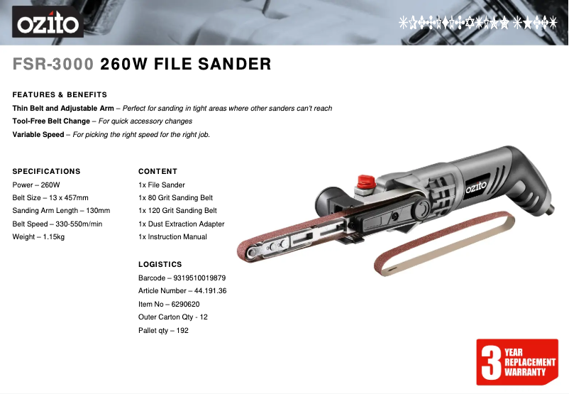 Página 1 del manual Ficha técnica Ozito FSR-3000