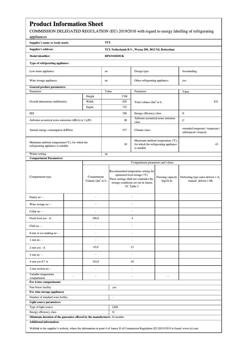 Page 1 de la notice Fiche technique TCL RP631SSE0UK