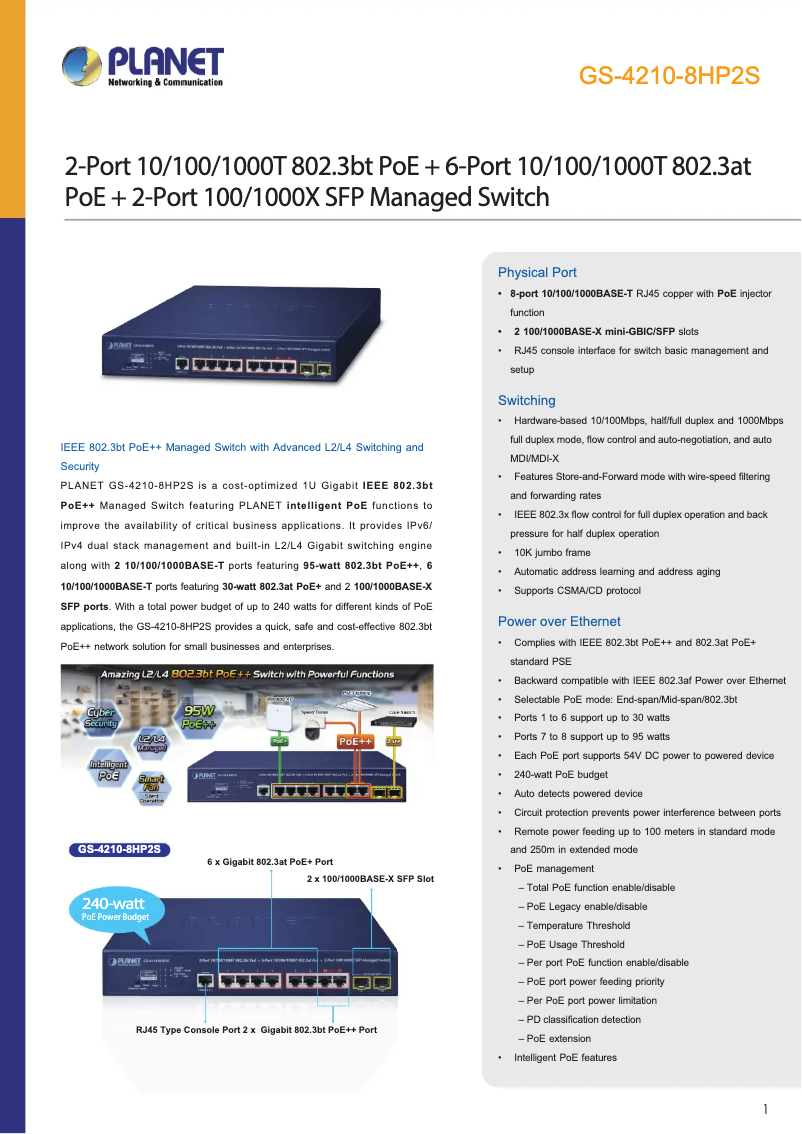 Page 1 de la notice Fiche technique Planet GS-4210-8HP2S