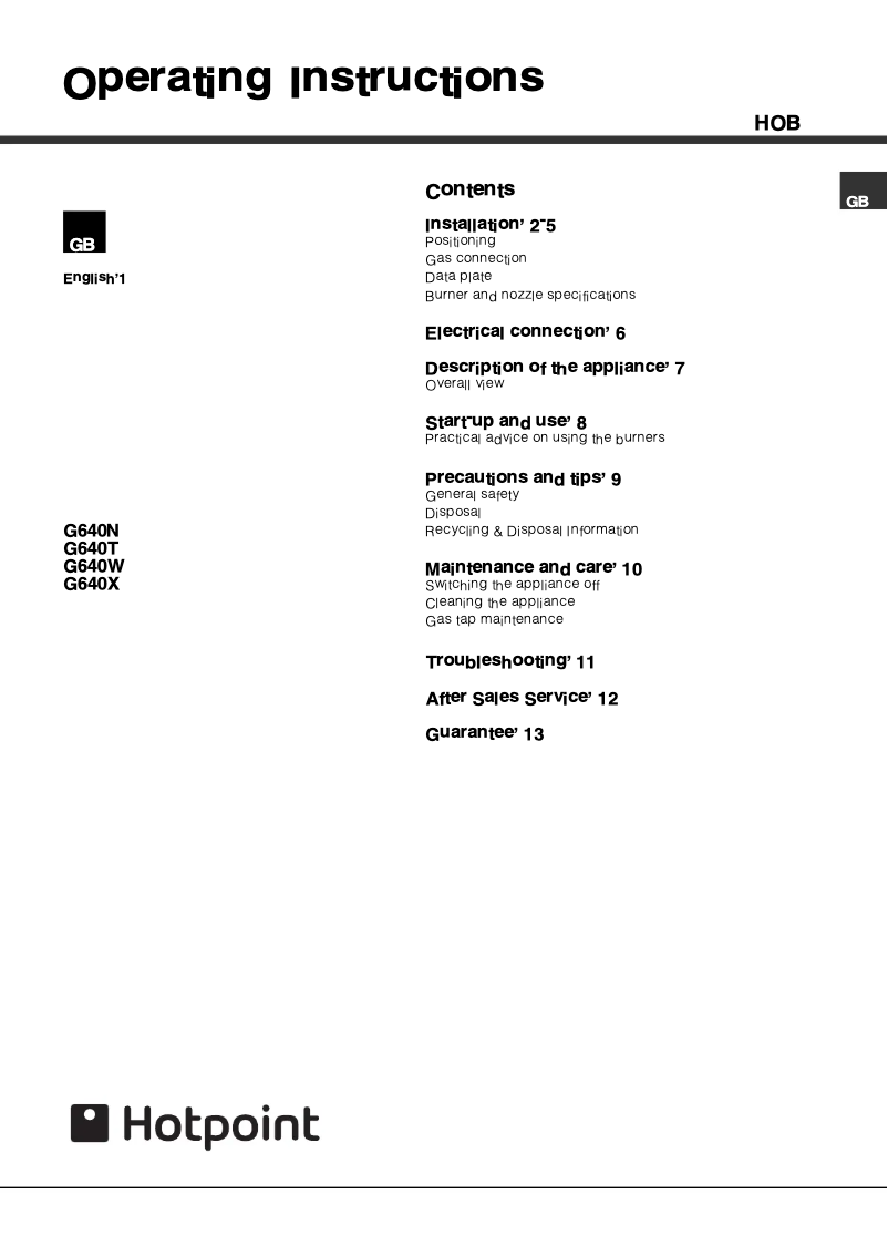 Page 1 de la notice Manuel utilisateur Hotpoint G640X