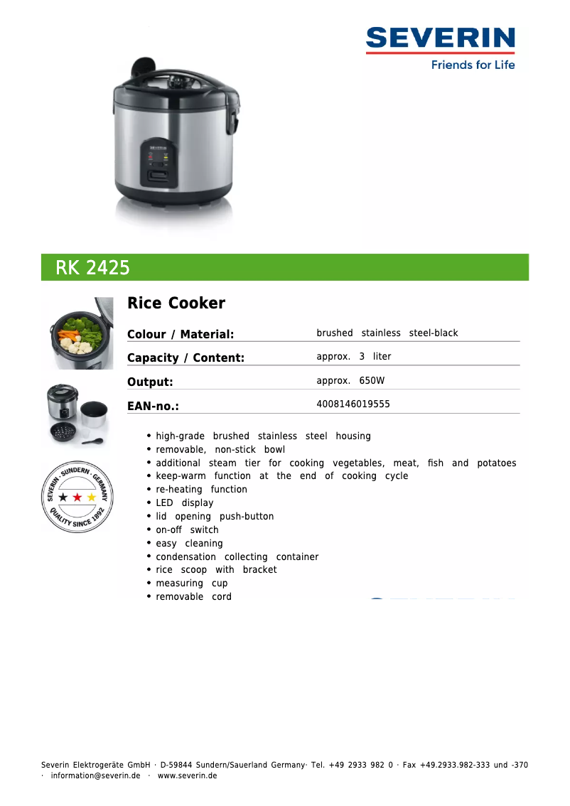 Page n°1 - Fiche technique Severin RK 2425