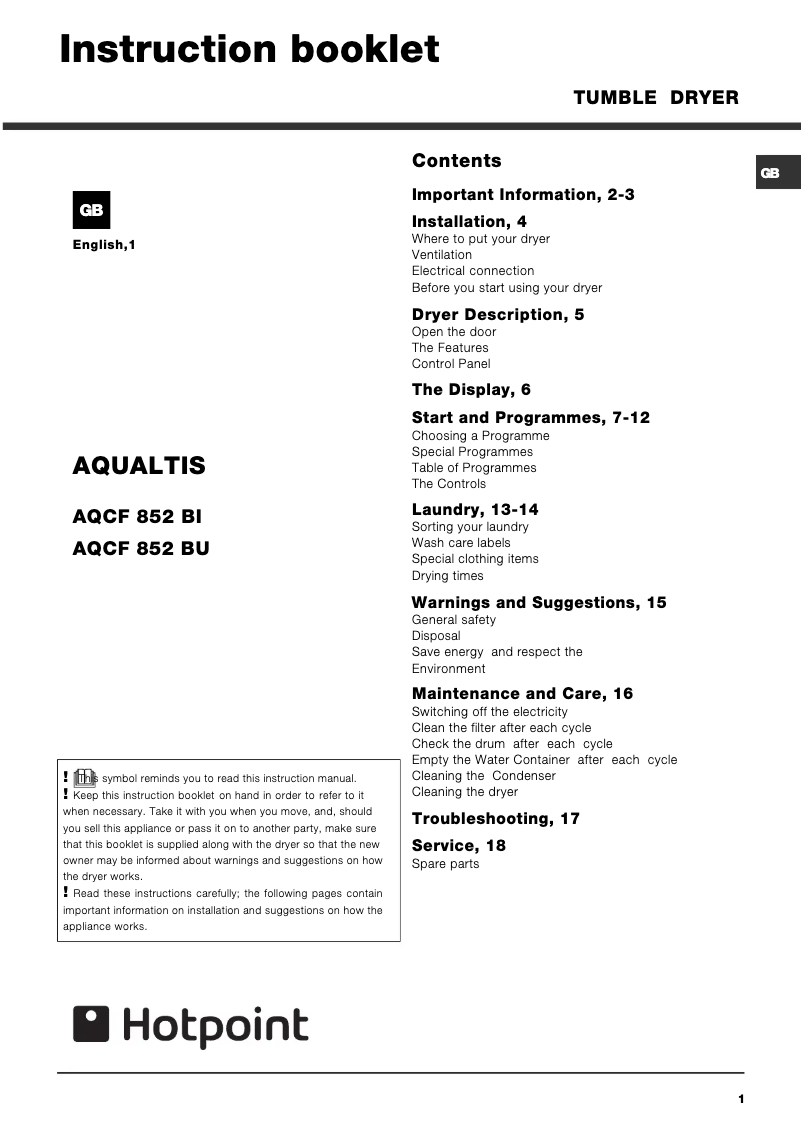 Image de la première page du manuel de l'appareil AQCF 852 B U