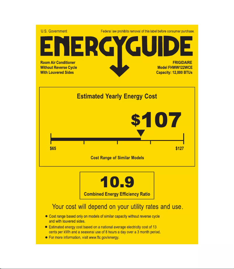 Page 1 de la notice Label énergétique Frigidaire FHWW122WCE