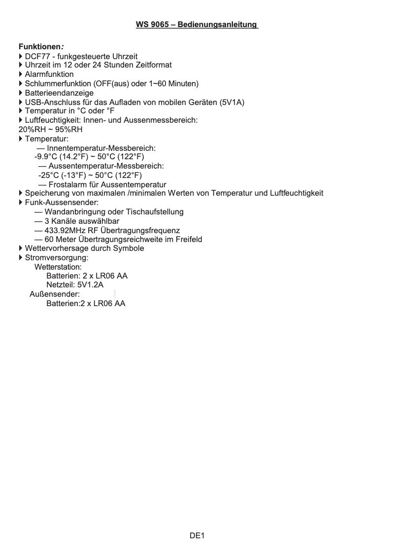 Page 1 de la notice Manuel utilisateur Techno Line WS9065