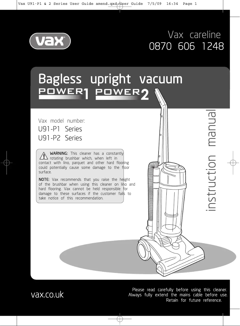 Page n°1 - Manuel utilisateur Vax Power 1 U90-P1-P