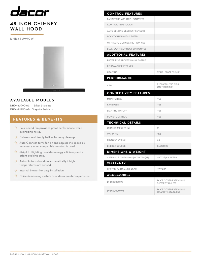 Page n°1 - Fiche technique Dacor DHD48U990WM/DA