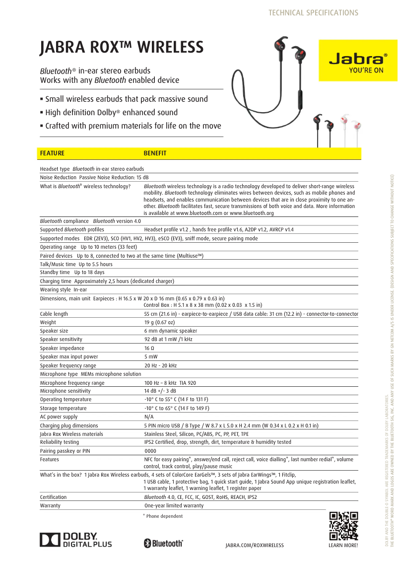 Page 1 de la notice Fiche technique Jabra Rox Wireless