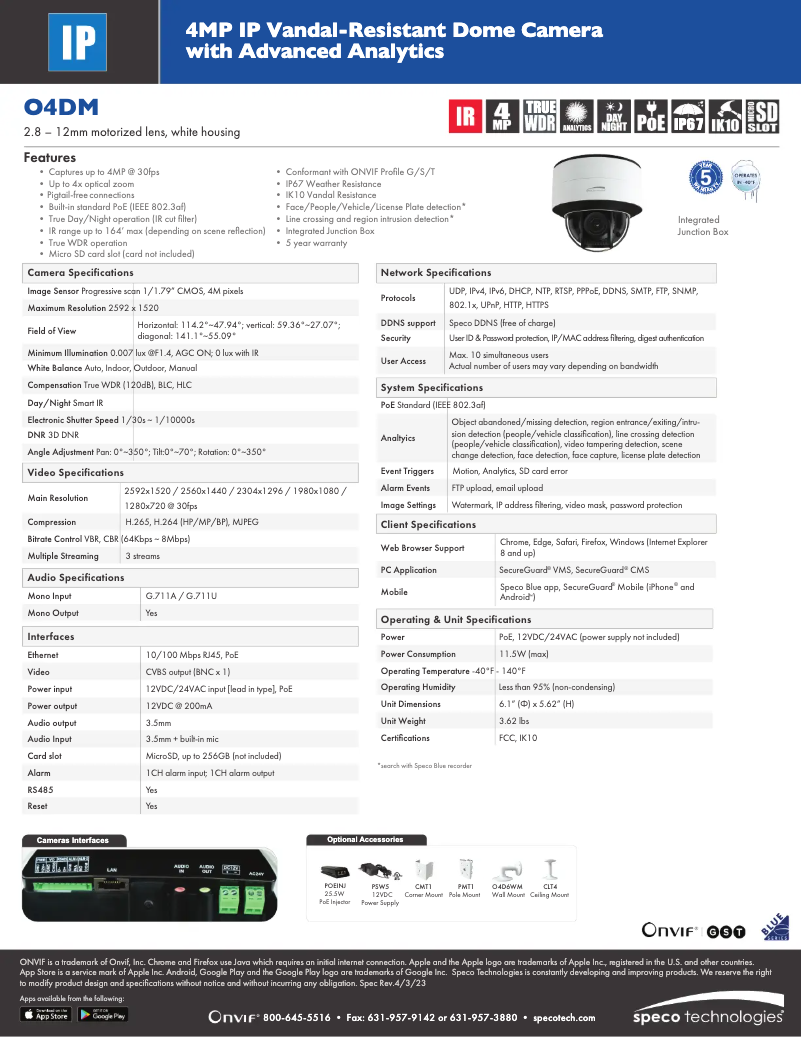 Page 1 of the manual Technical Sheet Speco Technologies O4DM