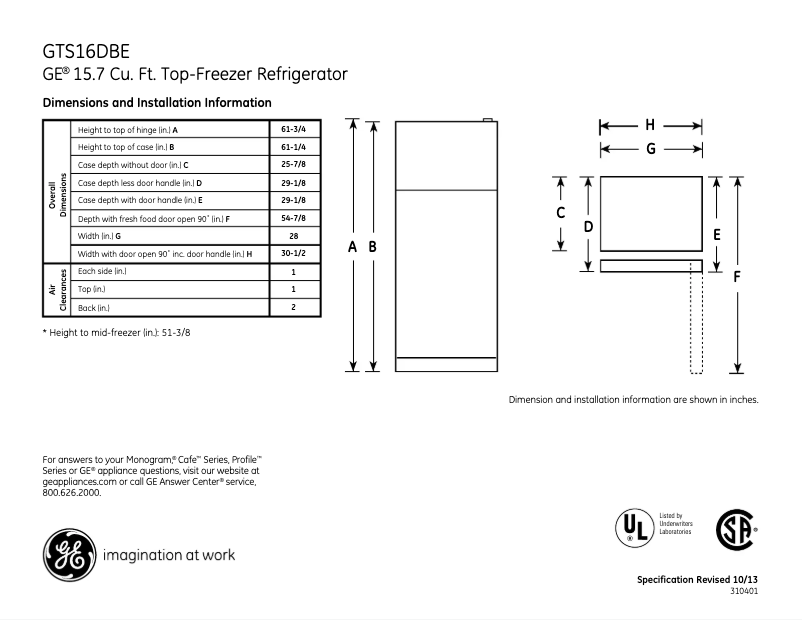 Page n°1 - Fiche technique GE GTS16DBERWW