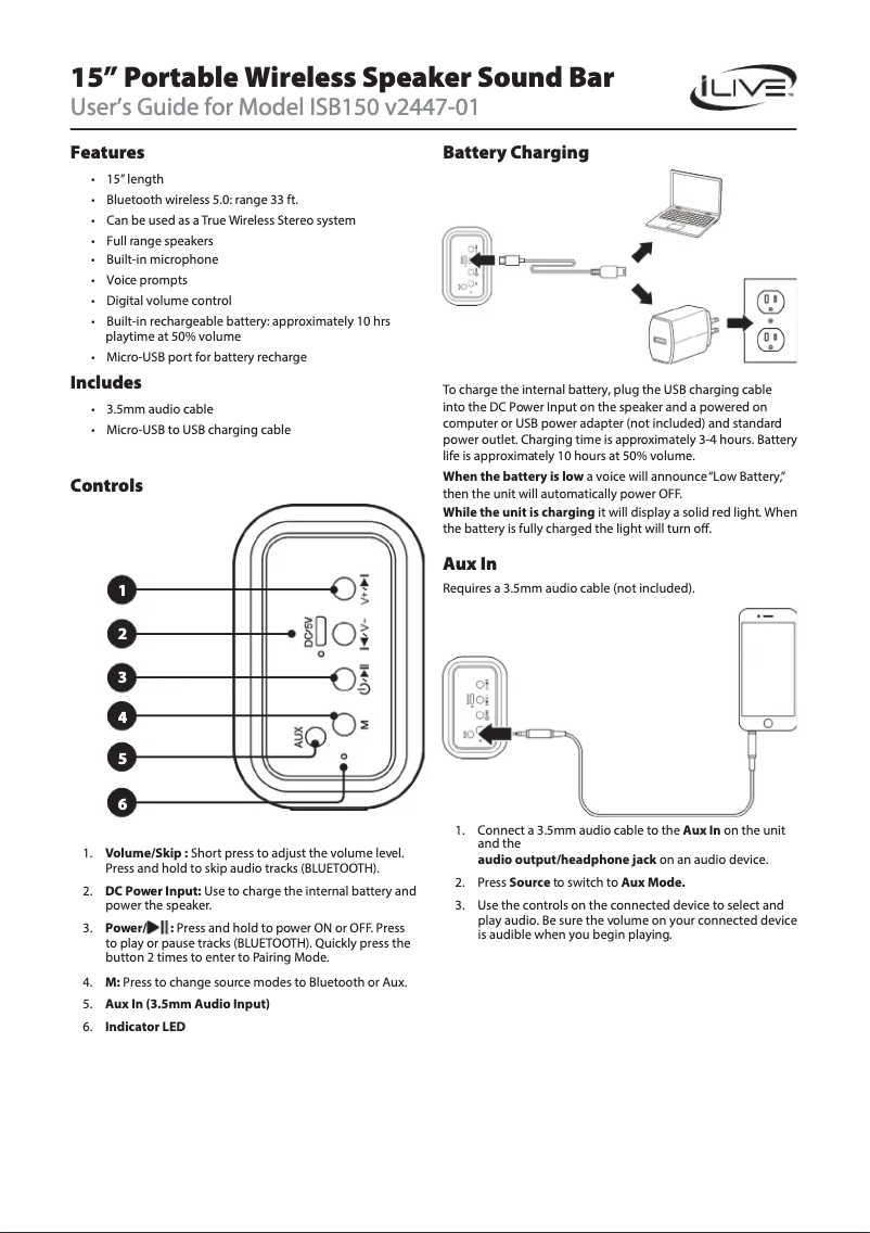 Page 1 de la notice Manuel utilisateur iLive ISB150
