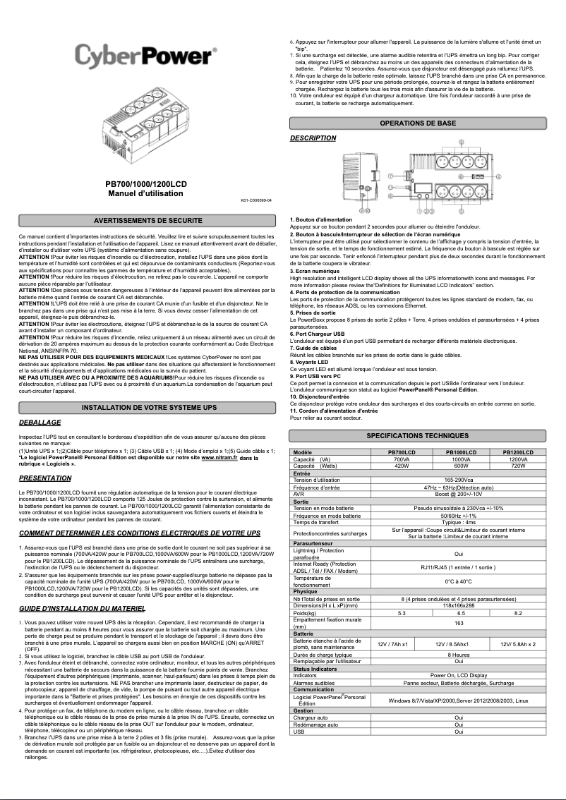Page n°1 - Manuel utilisateur Nitram PB700LCD