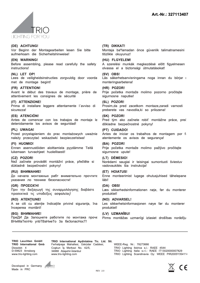 Page 1 de la notice Manuel utilisateur Trio Lighting Salina 327113407