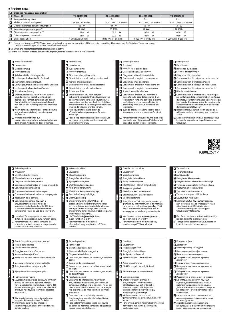 Page 1 de la notice Fiche technique Panasonic TX-40DS500E
