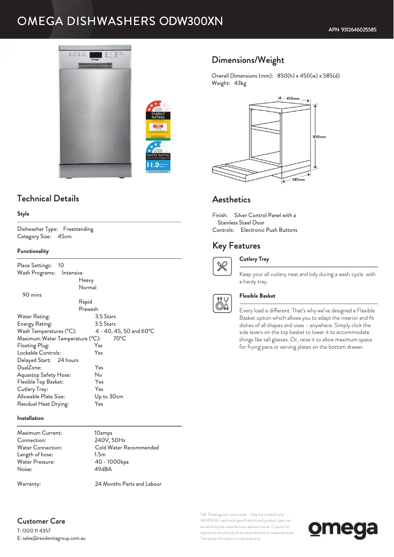 Page n°1 - Fiche technique Omega ODW300XN