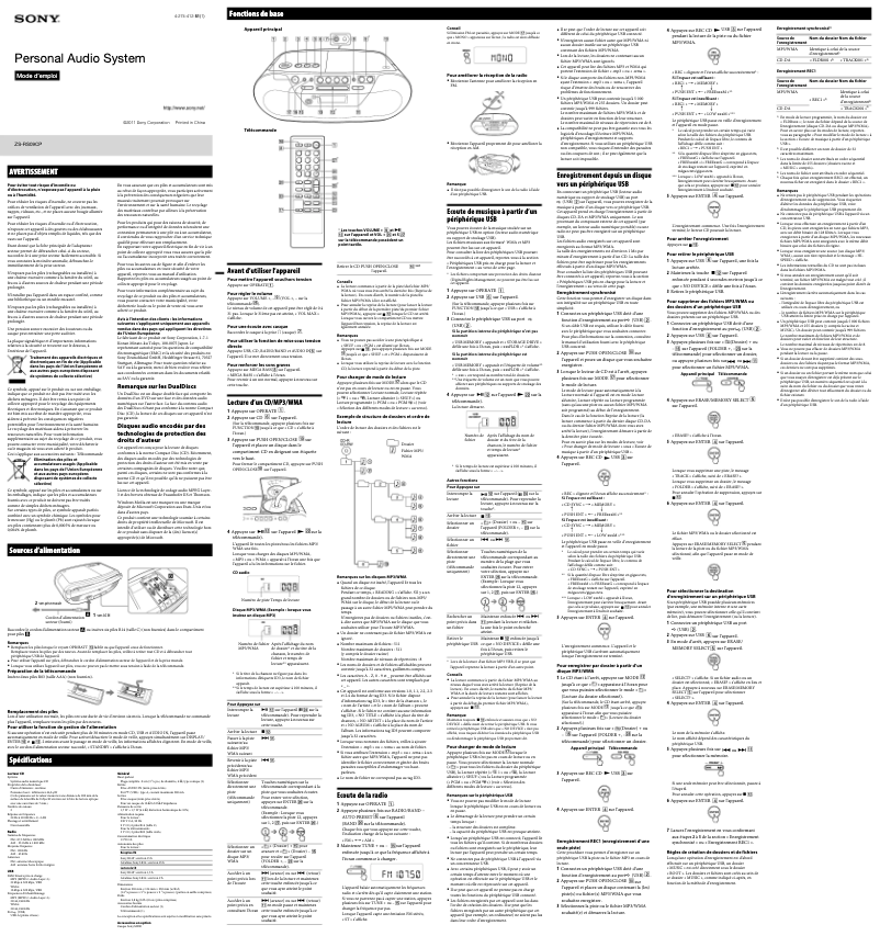 Page 1 de la notice Manuel utilisateur Sony ZS-RS09CP
