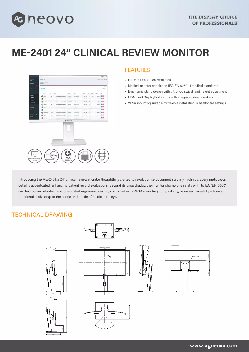 Page 1 de la notice Fiche technique AG Neovo ME-2401