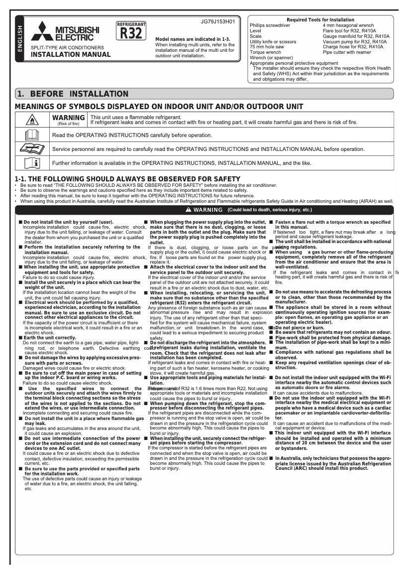 Page 1 de la notice Guide d'installation Mitsubishi MSZ-AP50VGD