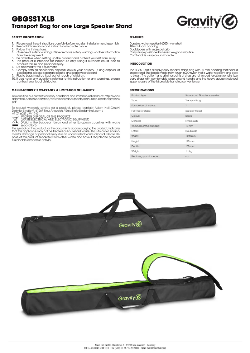 Page 1 de la notice Manuel utilisateur Gravity BG SS 1 XLB