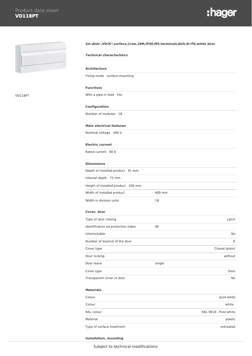 Page n°1 - Manuel utilisateur Hager VD118PT