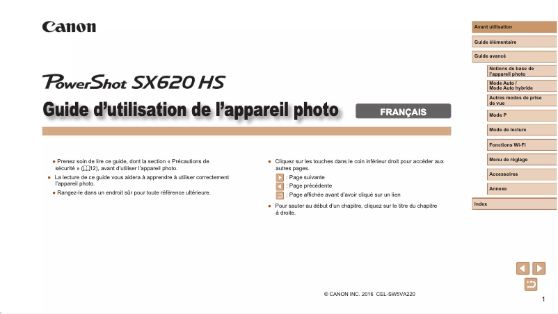Page 1 de la notice Manuel utilisateur Canon PowerShot SX620 HS