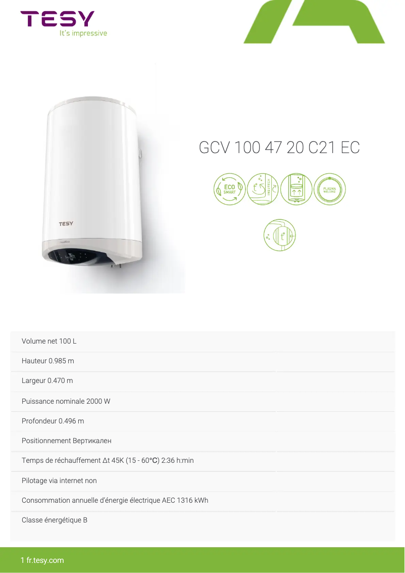 Página 1 del manual Ficha técnica Tesy ModEco Electronic 100