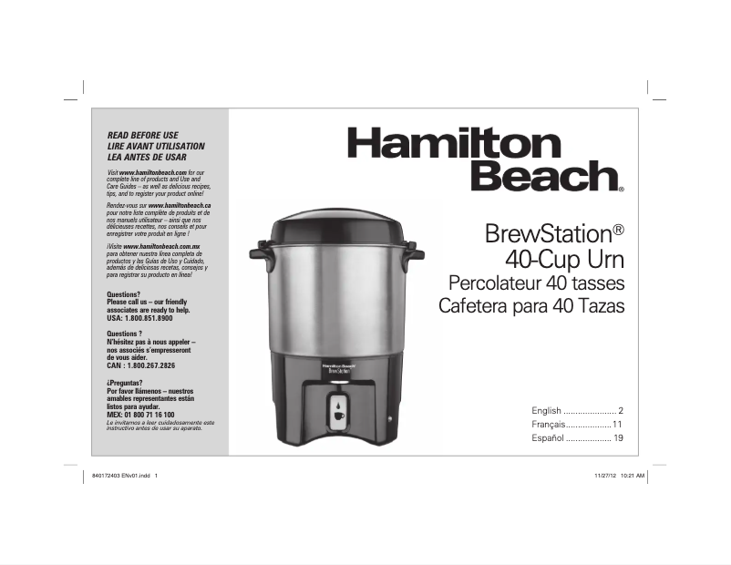 Page 1 of the manual User Manual Hamilton Beach BrewStation 40540
