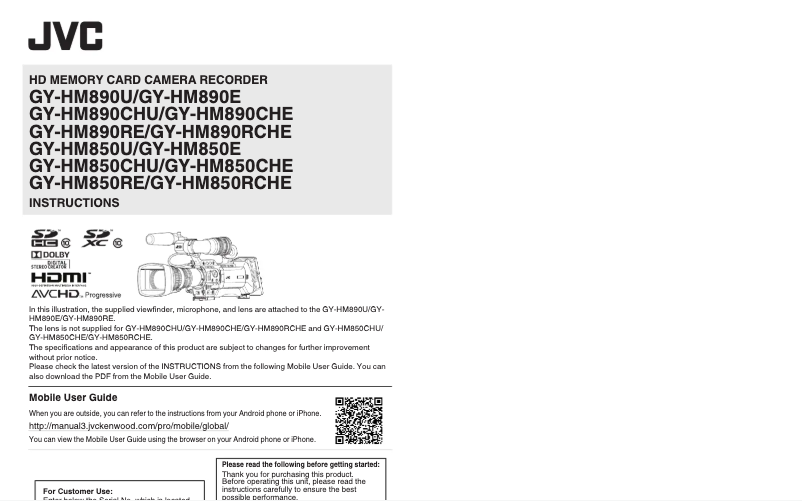Page 1 de la notice Manuel utilisateur JVC GY-HM890RE