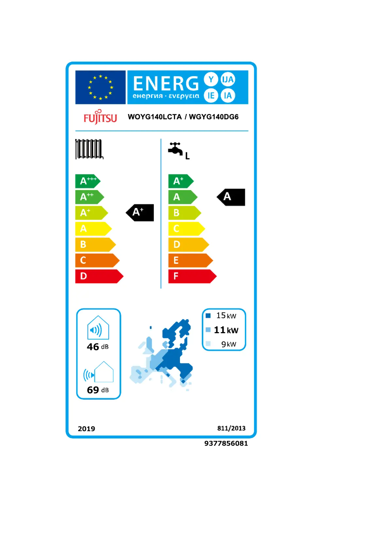 Page 1 de la notice Label énergétique Fujitsu WATERSTAGE WGYG140DG6
