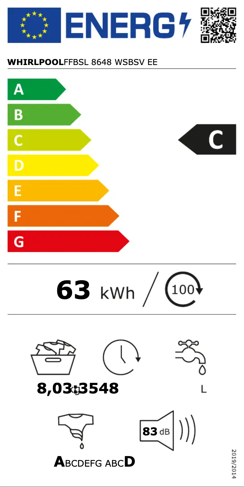 Page 1 de la notice Label énergétique Whirlpool FFBSL 8648 WSBSV