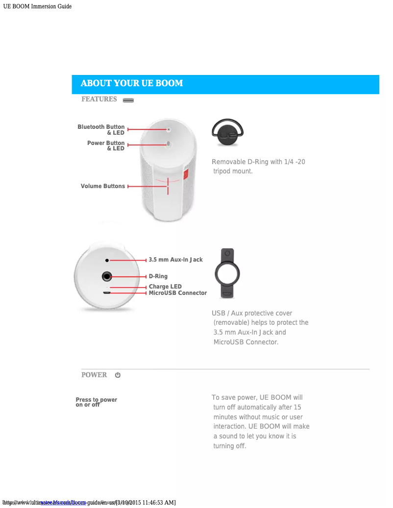 Page 1 de la notice Manuel utilisateur Ultimate Ears UE Boom