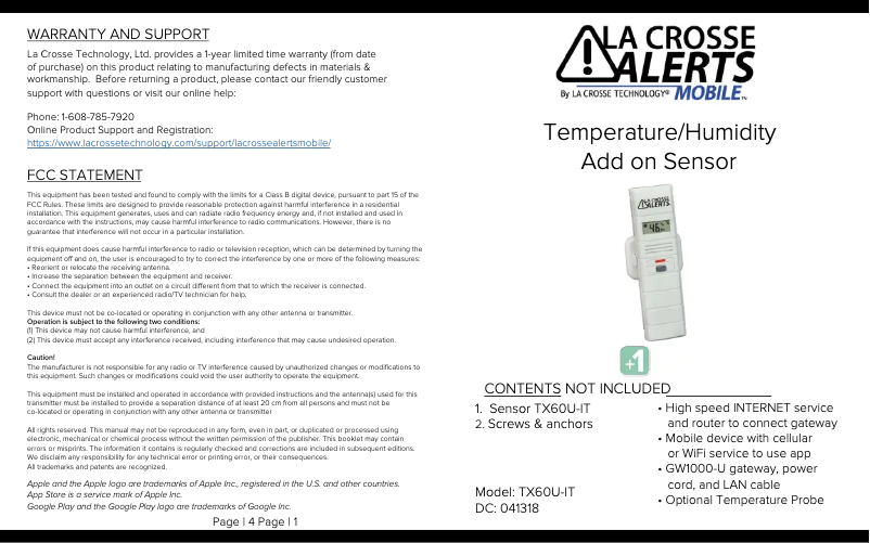 Page n°1 - Manuel utilisateur La Crosse Technology TX60U-IT