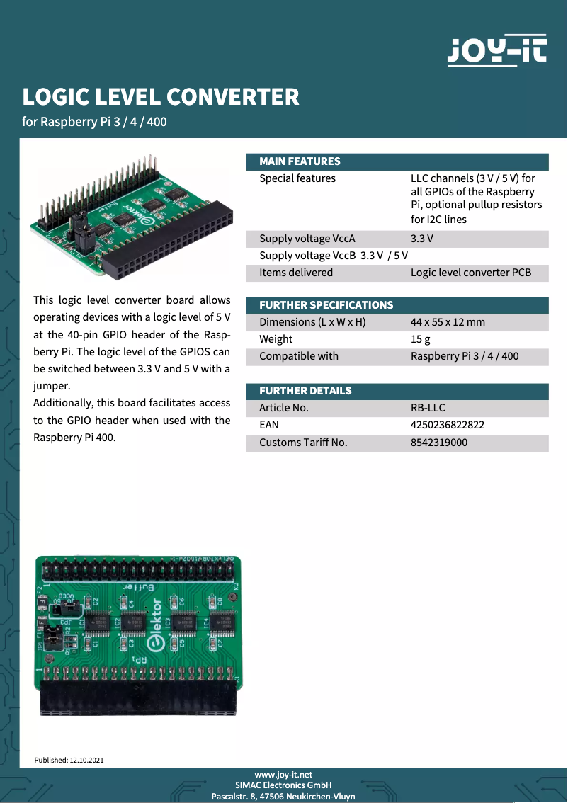 Page 1 de la notice Fiche technique Joy-It RB-LLC