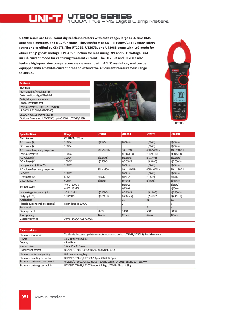 Page n°1 - Fiche technique Uni-T UT208B