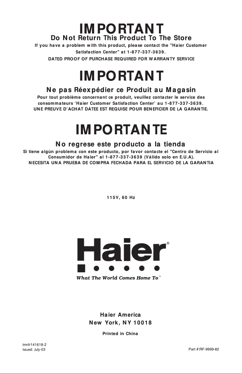 Page n°1 - Manuel utilisateur Haier HTA18VABW