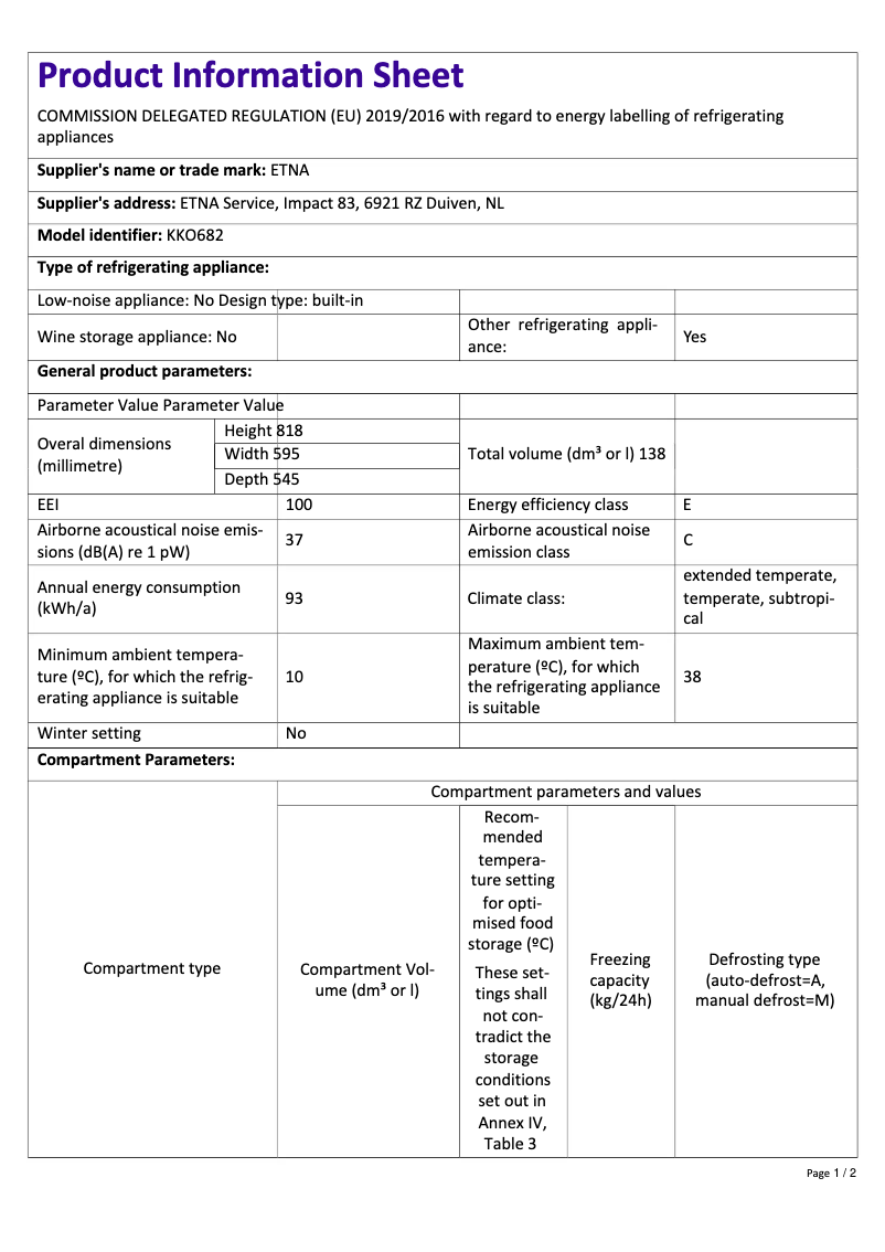 Page 1 de la notice Fiche technique Etna KKO682