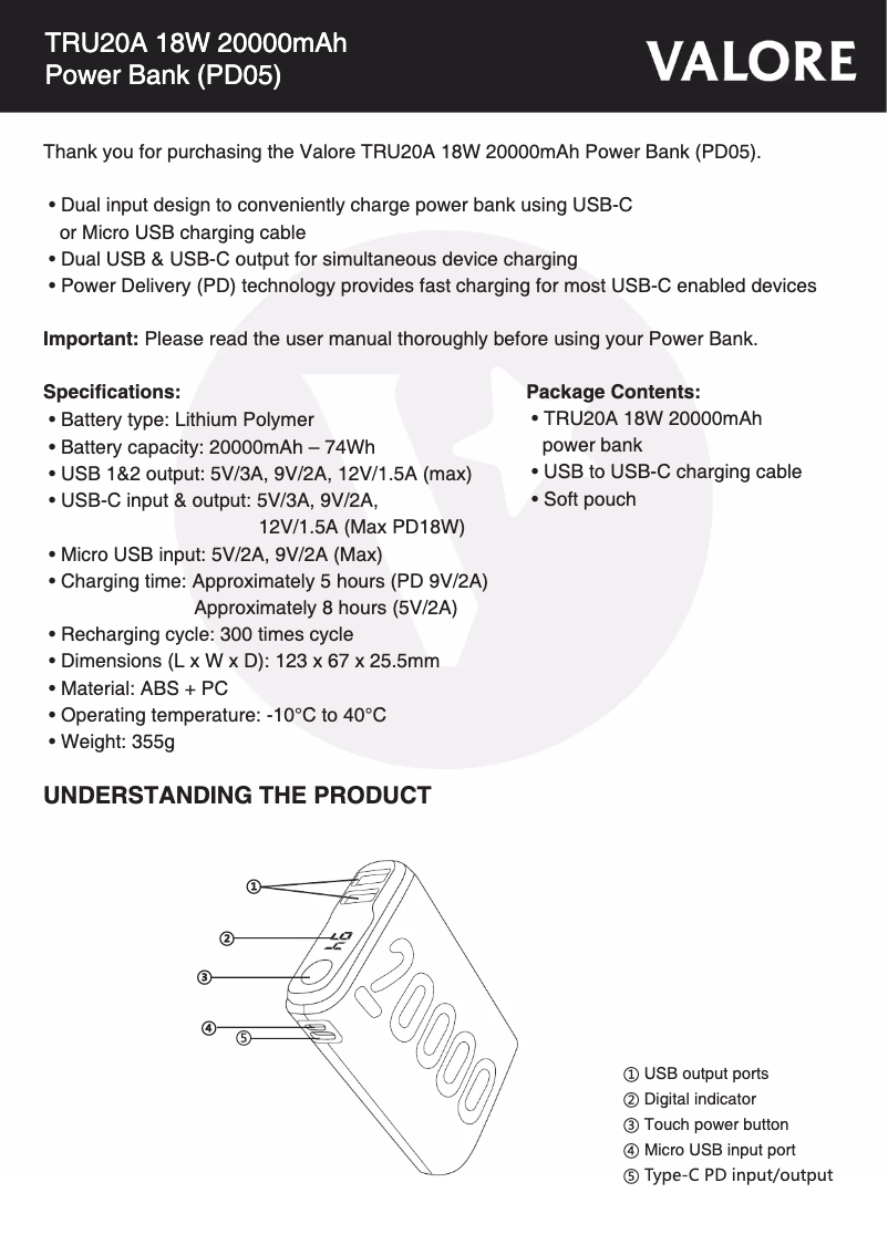 Page 1 de la notice Manuel utilisateur Valore PD05