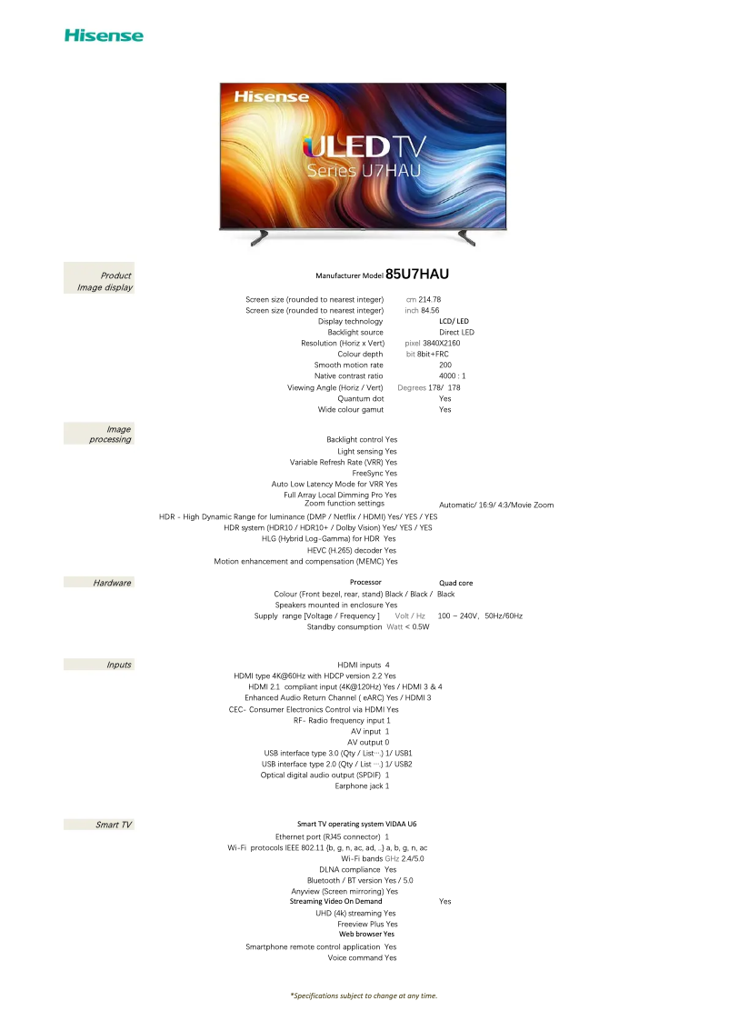 Page 1 de la notice Fiche technique Hisense 85U7HAU