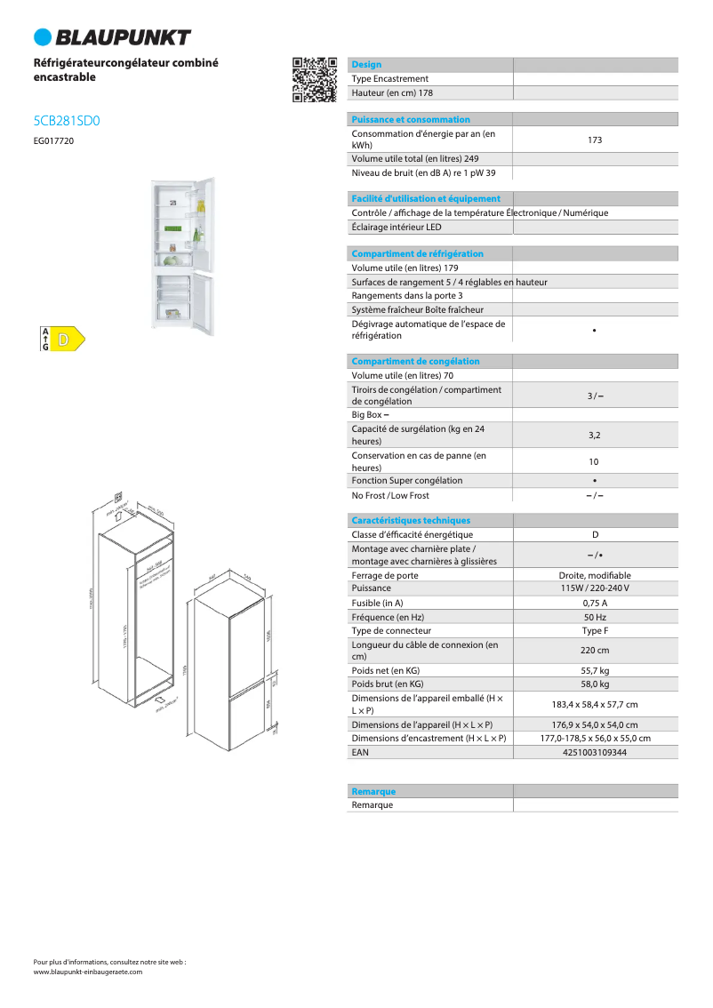 Page n°1 - Fiche technique Blaupunkt 5CB281SD0