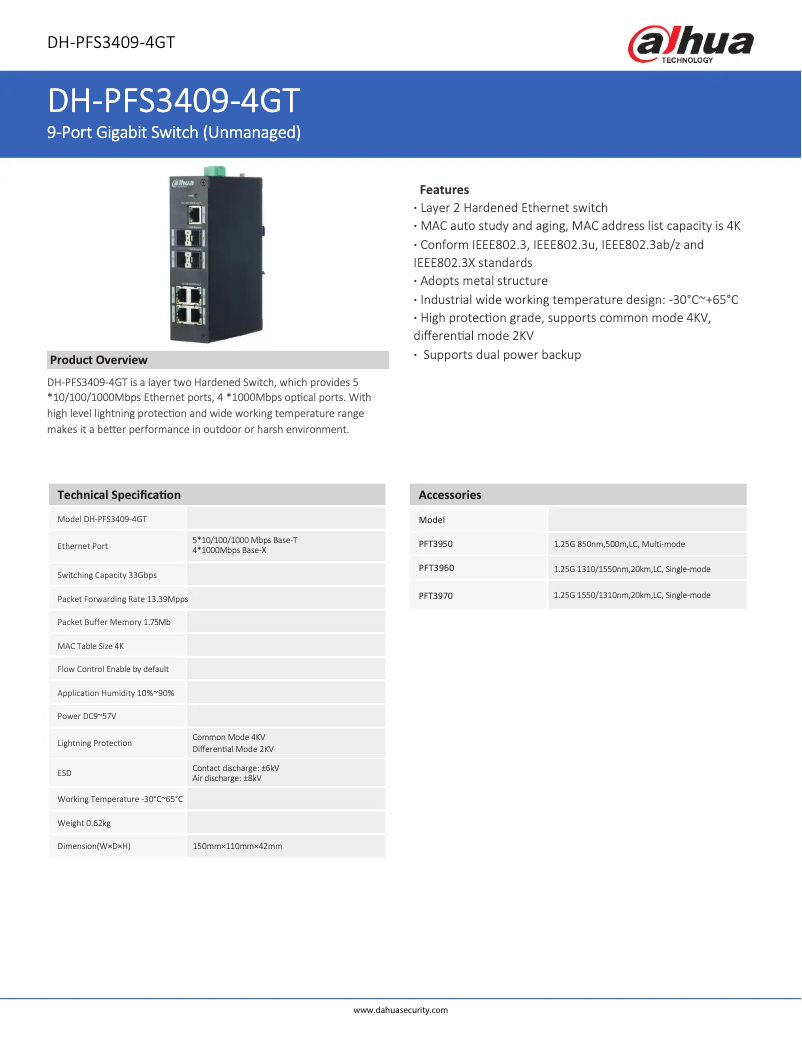 Page 1 de la notice Fiche technique Dahua Technology PFS3409-4GT