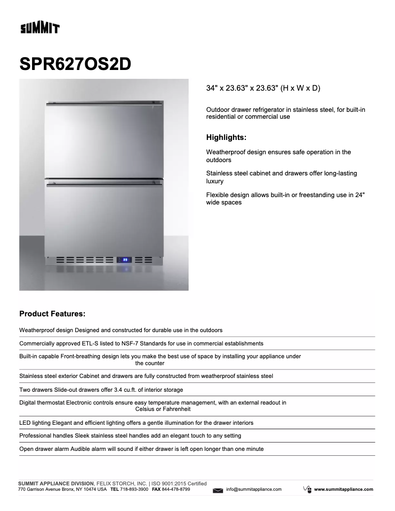 Page n°1 - Fiche technique Summit SPR627OS2D