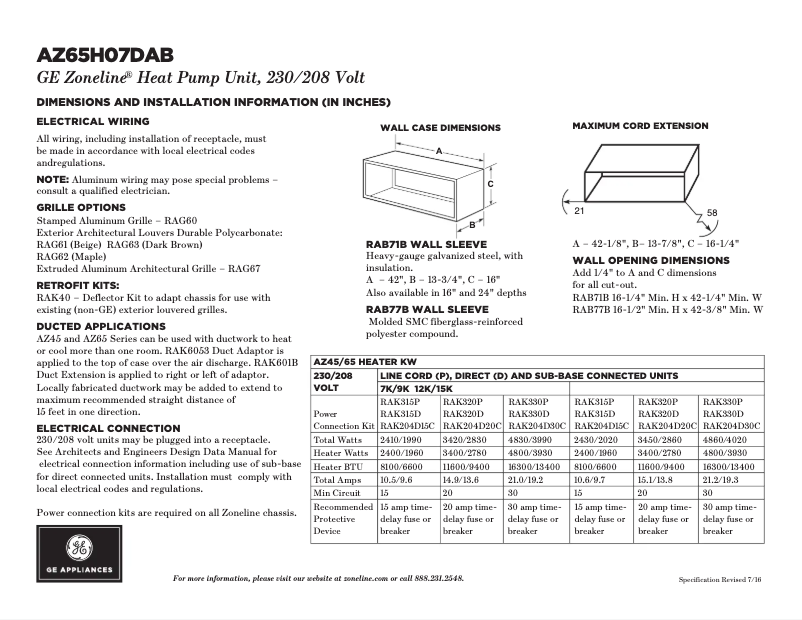 Page 1 of the manual Technical Sheet GE AZ65H07DAB