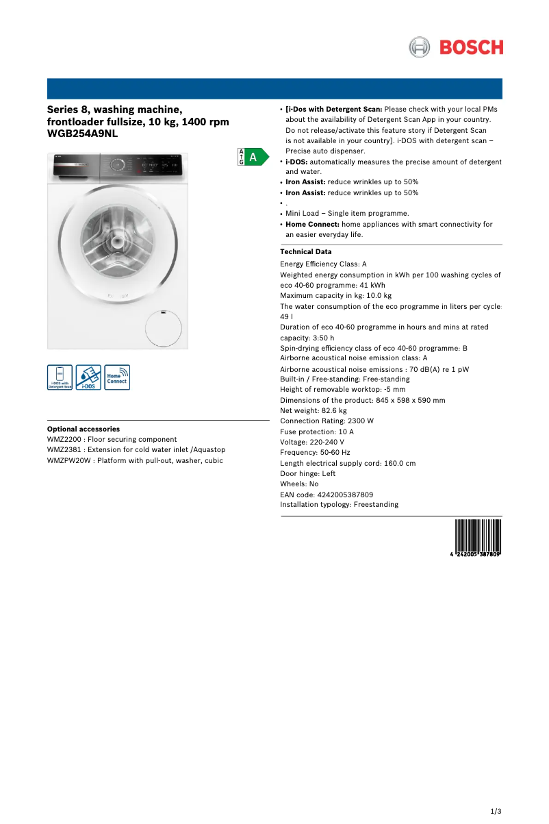 Page n°1 - Fiche technique Bosch WGB254A9NL