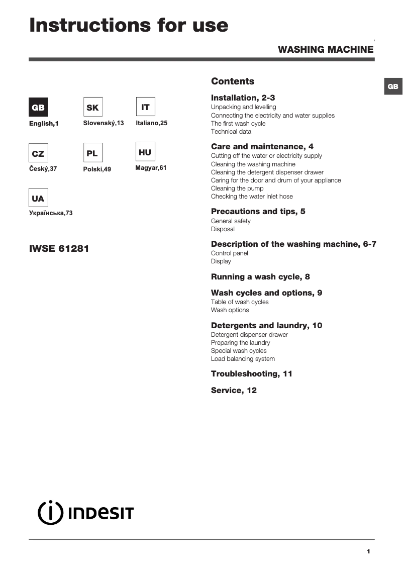 Page 1 de la notice Manuel utilisateur Indesit IWSE 61281 C ECO EU