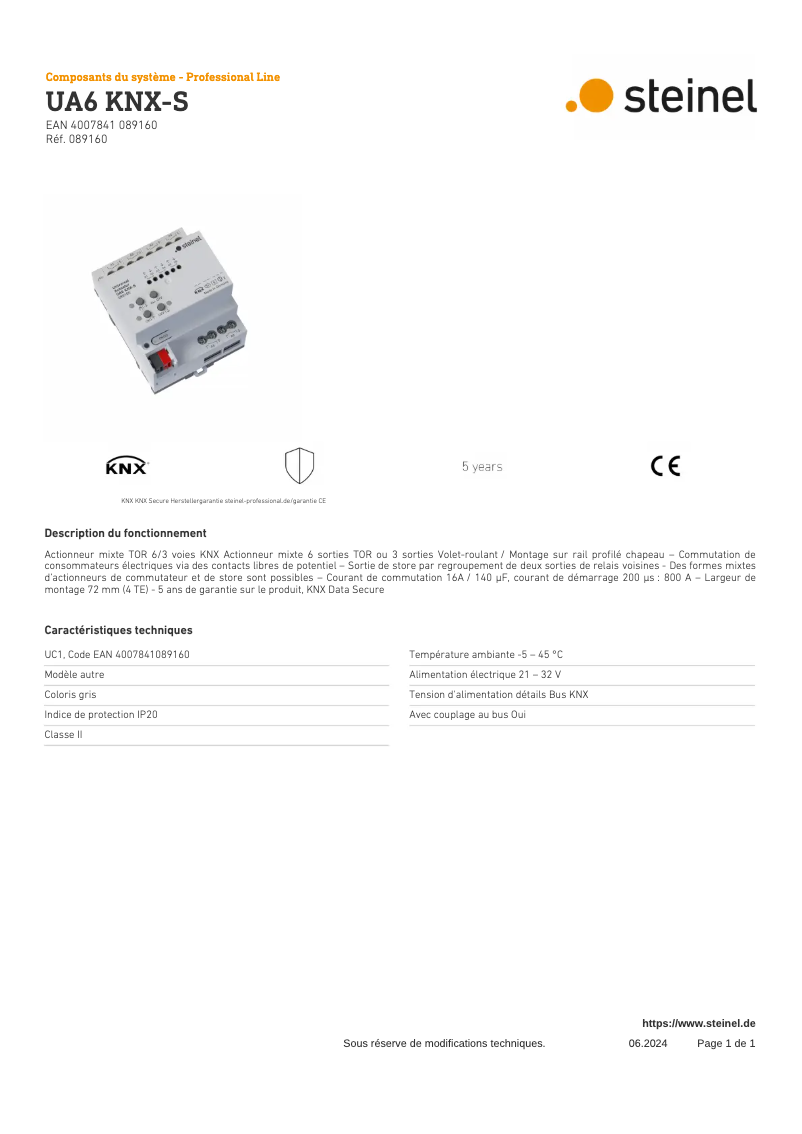 Página 1 del manual Ficha técnica Steinel UA6 KNX
