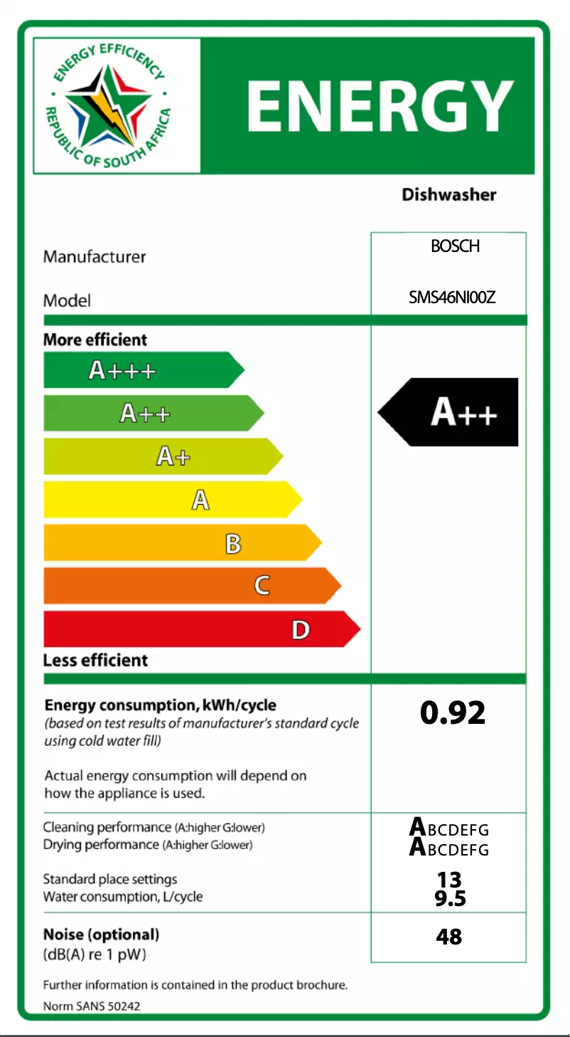 Page 1 de la notice Label énergétique Bosch SMS46NI00Z
