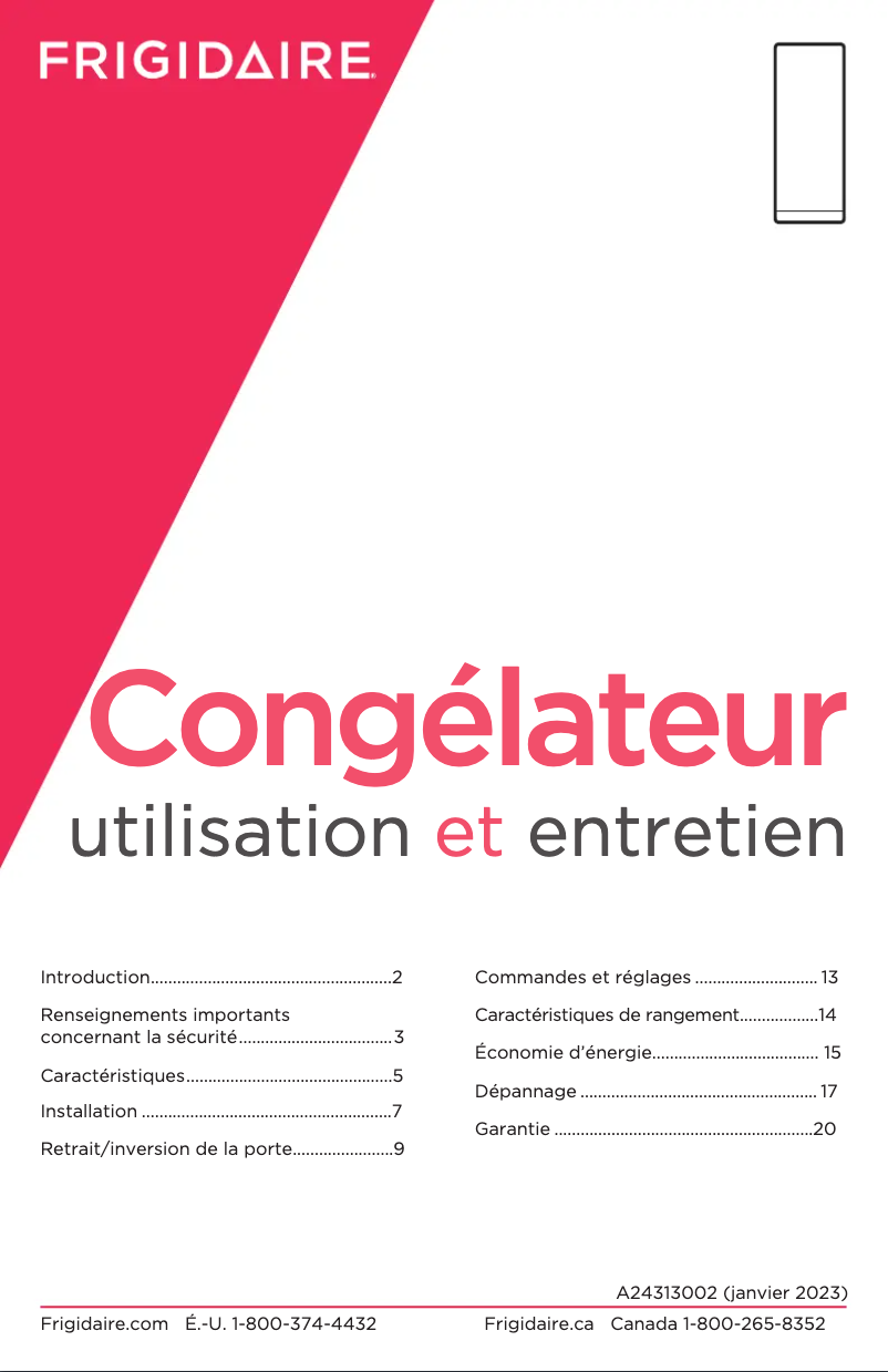 Page 1 de la notice Manuel utilisateur Frigidaire FFFU13F2VV