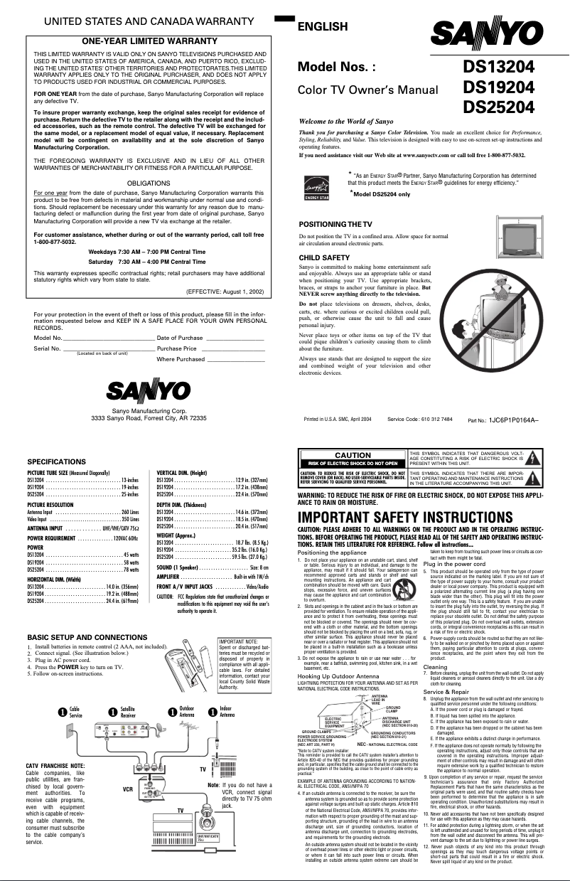Page 1 de la notice Manuel utilisateur Sanyo DS25204