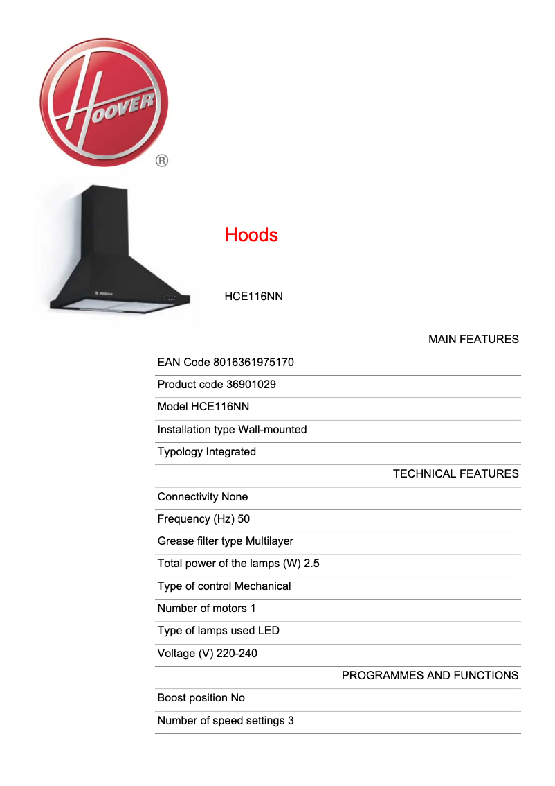 Page 1 de la notice Fiche technique Hoover HCE116NN