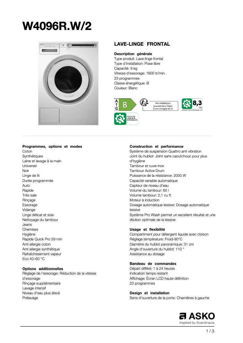 Page 1 de la notice Fiche technique Asko W4096R.W