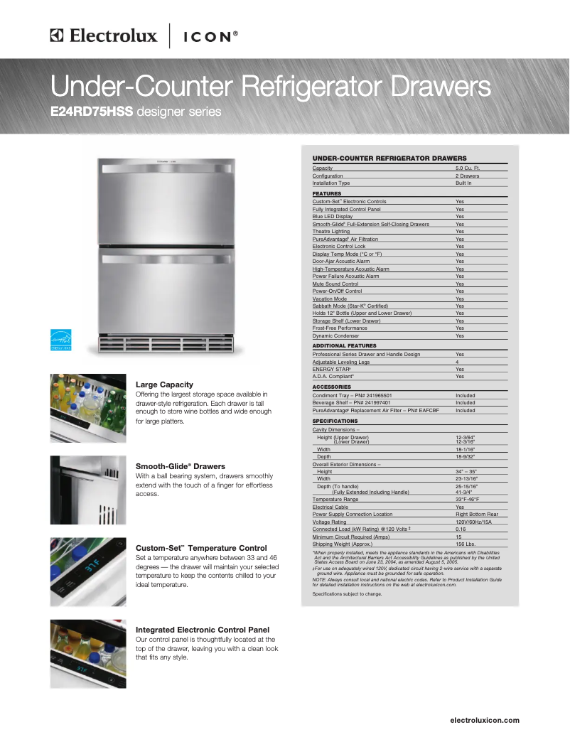 Page 1 de la notice Fiche technique Electrolux E24RD75HSS